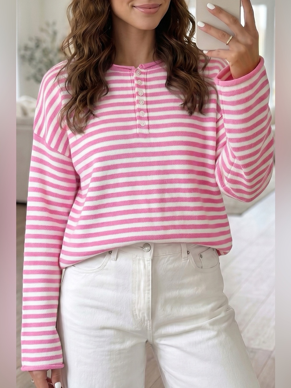 Striped Button Placket Drop Shoulder Long Sleeve Sweater - Picture 1 of 16